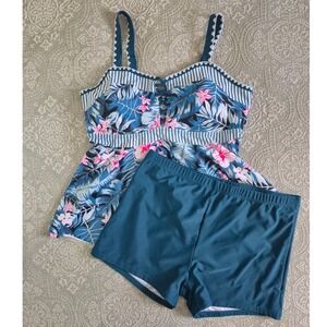 Kate Kasin Womens Tropical Floral Tankini Set Teal Boy Shorts New Size XL